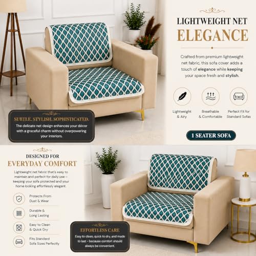 Image of Homerz Premium 'Maharaja Paradise Series' Sofa Cover | Net Fabric Sofa Cover | Washable, Anti-Dust Backed & Wrinkle Resistant Cover (Aqua Lattice, 1 Seater, Seat Cover with Backrest)