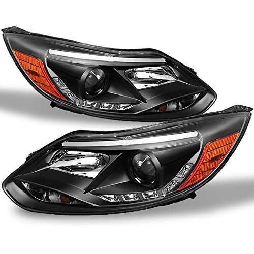 AKKON - For Ford Focus Black Bezel DRL Daylight LED Strip w/LED Design Projector Headlights Front Lamps Pair
