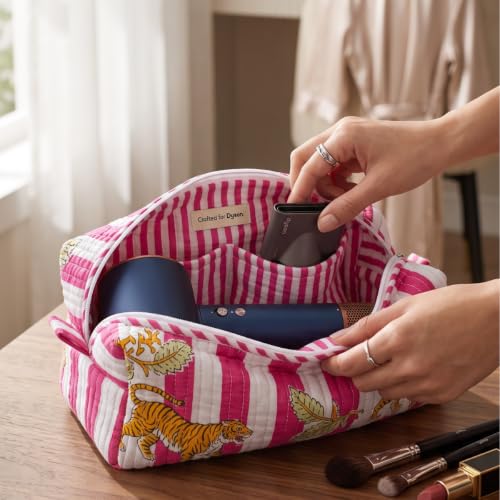 Image of Dyson Airwrap Travel Storage Bag Compatible with Hair Styler & Attachments - 100% Cotton Quilted Organizer with 6 Compartments & Carry Handle |Multi use Toiletry, Makeup & Hair Pouch