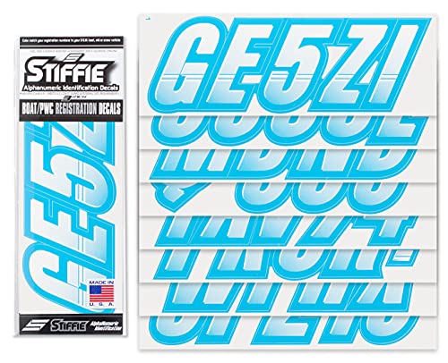 Image of Stiffie Techtron White /Sky Blue 3 inch Alpha-Numeric Registration Identification Numbers Stickers Decals for Boats & Personal Watercraft