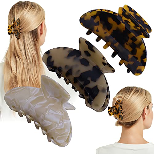 3 PACK 3.7'' Hair Claw Clips Nonslip Tortoise Banana Hair Clips for Women Girls Thin / Thick Hair (Brown + Khaki + Beige)