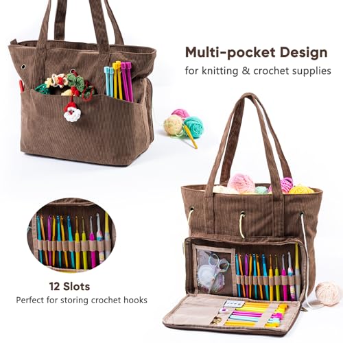 Image of MYBAGZING Large Yarn Tote Organizer - Corduroy Knitting Storage Holder for Yarn, Hooks & Accessories, Portable Craft Carryall for Crocheting Lovers, Mother's Day Gift