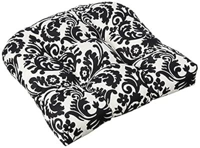 Pillow Perfect Damask Indoor/Outdoor Chair Seat Cushion, Tufted, Weather, and Fade Resistant, 19" x 19", Black/Ivory Essence, 2 Count