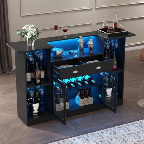 Loomie Bar Table Cabinet with LED & Drawer, Mini Liquor Bar with 8-Tier Storage & Stemware Holder, Wine Alcohol Bar Stand with Glass Door & Adjustable Wine Rack, Crescent Shaped Counter for Home Pub