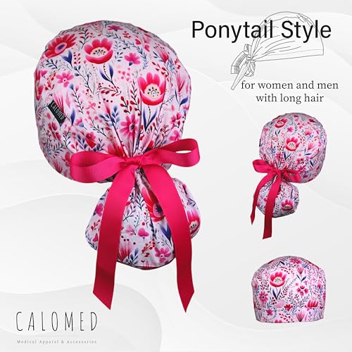 Image of Scrub Cap for Women and Men, Ponytail Scrub Caps, Working Hat, Head Cover with Ribbon Ties and Buttons, Long Hair