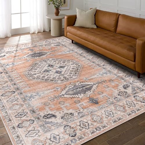 vivorug 3x5 Rug, Small Area Rug for Living Room, Bedroom, Kitchen, Machine Washable Non-Slip Throw Rug, Vintage Distressed Carpet for Entryway Nursery Dinner Room, Orange