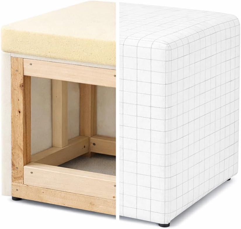 HomePop 19” Square Upholstered Ottoman with Solid & Engineered Wood Frame, Modern Cube Accent Stool for Living Room, Bedroom or Entryway - Natural Windowpane