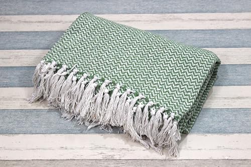 Image of Chevron 78x60 Inch Reversible Cotton Throw Blanket with Tassels| Blanket for Living Room, Sofa, Bed, Chair, Picnic & Used for Gift | Green Narrow Chevron, Size - 200x150 Cm