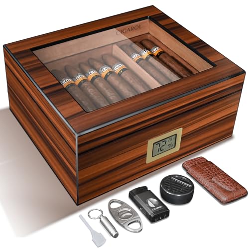 Volenx Luxurious Cigar Humidor, Handcraft Cigar Humidors Kits with Cutter and Lighter Black, Cigar Box Hold 30-50 Cigars 100% Cedar Wood Case with Digital Cigar Hygrometer/Travel humidor