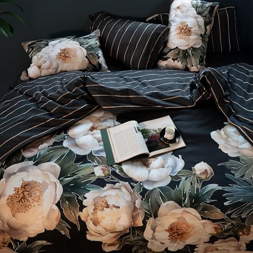 Image of Digitally Printed with Reactive Ink Tech | 300 TC 100% Organic Cotton Queen Premium Bedsheet Set | Ultra-Soft Satin-Like Finish | Floral Midnight Bloom