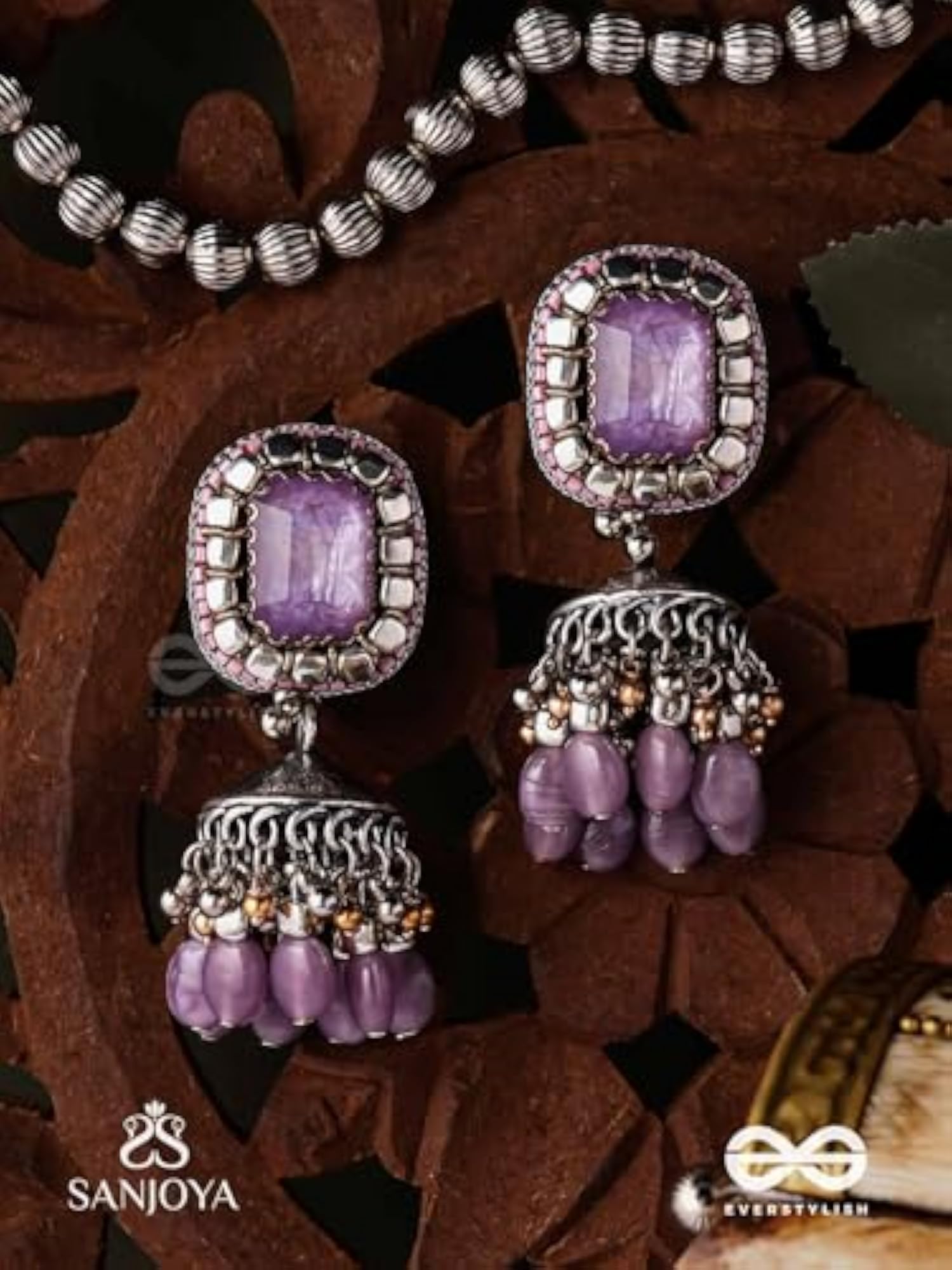 Women's Embroidered Jhumka Earrings with Lavender Stone