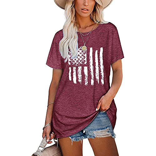 Janepam Women T-Shirt for Summer The 4th of July USA Flag Stars Stripes Graphic Print Tee Independence Day Loose Short Sleeve O-Neck Blouse(B Dark Purple,2XL)
