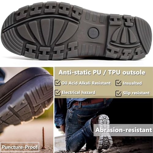 Men’s Work Boots Soft/Steel Toe, Slip-On Chelsea Safety Boots, Water Resistant Anti-Static Puncture-Proof Nubuck Leather, TPU Sole, Slip & Oil Resistant, D/EE Width4