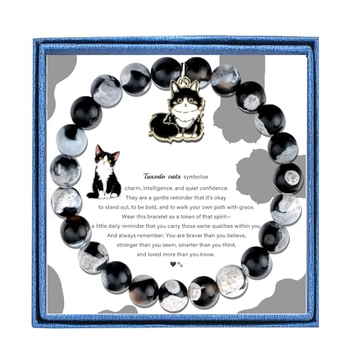 LIUANAN Tuxedo Cat Charm Bracelet for Women Agate Emotional Support Jewelry Gifts for Cat Lovers Pet Owners Cat Moms Her Mom Grandma Daughter Niece Birthday