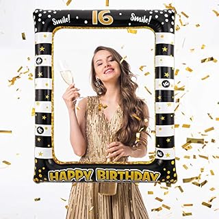 Opopark Inflatable Selfie Frame, Black Gold Large Blow Up Birthday Photo Frame Party Photo Booth Prop for Boys Girls Birthday Party Decoration (16th Birthday)