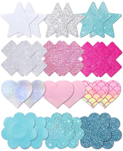 Image of Glitters Pasties Rave Pack Nipple Covers Stickers Disposable Sticky Breast Petals Bra Set for Women Rave Outfit Party