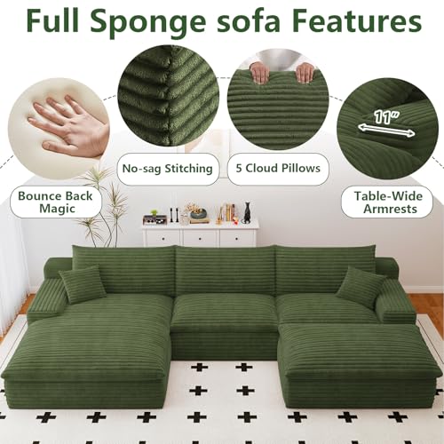 Image of 107 inch Cloud Couch Modular Sectional Sofa for Living Room, U-Shape Boneless Couch with Deep Seat, Modern Corduroy 3-Seater with Ottoman, No Assembly Required (Green,Left-Facing Chaise)