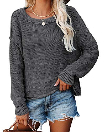 Yanekop Womens Long Sleeve Oversized Sweater Crew Neck Solid Color Knit Pullover Jumper(Dark Grey,M)