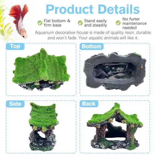 Image of Hamiledyi Resin Hollow Hideout House for Aquarium Decoration Fish Tank Accessories Betta Cave with Lifelike Moss for Shrimp Fish Shelter