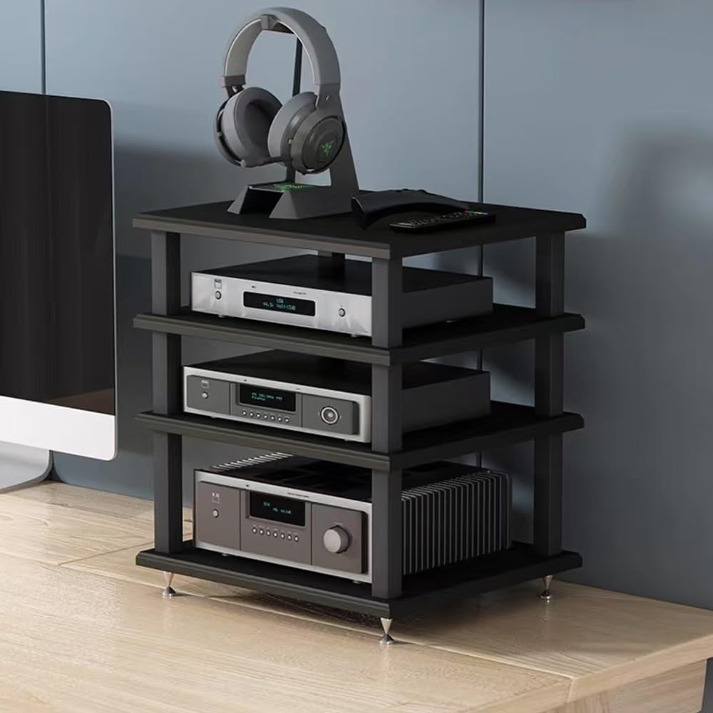 Kompaktowy stojak audio HiFi - 4-poziomowa konsola multimedialna do komponentów stereo, wzmacniaczy i głośników - Czarny organizer na biurko do sprzętu audio i wideo