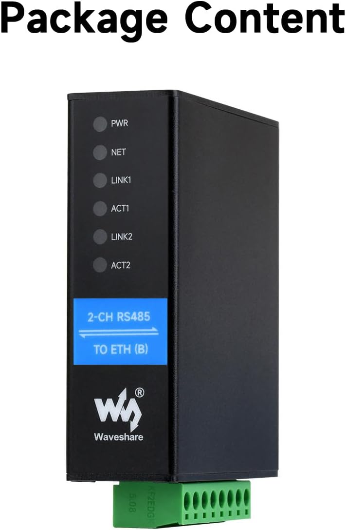 Waveshare 2-Ch RS485 to RJ45 Ethernet Serial Server, Dual Channels RS485 Independent Operation, Rail-Mount Industrial Isolated Serial Module, Common Network Port