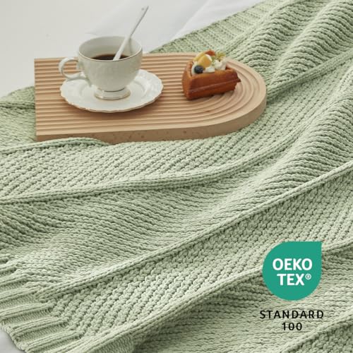 Amélie Home Chevron Chenille Knit Throw Blanket for Couch, Cozy Texture Decorative Soft Blanket for Sofa & Chair, 60"x80", Sage Green