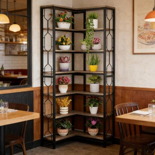 STAPERFO Regał narożny z poręczą, 7-poziomowy, przemysłowy regał na książki z drewna i metalu – wolnostojący regał stojący o bezpiecznym wzornictwie jako ścianka działowa do salonu, 60 x 60 x 200 cm