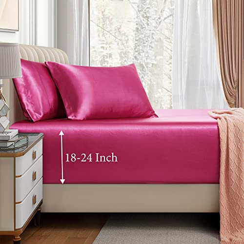 Vacvelt 3Pcs Extra Deep Pocket Satin Fitted Sheet Set Queen Bed Set, Hot Pink Bottom Sheet Fit 18-24 Inch Deep Pocket Mattress, Silky Bedding Set Soft & Ultra Deep Fitted Sheet & 2 Pillowcase #TOP7