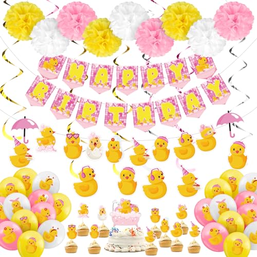 Outus 77 Pcs Pink Ducky Party Decorations Cute Duck Happy Birthday Party Accessory Include Lovely Duck String Hanging Banner Pom Pom Flowers Hanging Swirls Latex Balloons Cupcake Topper for Birthday