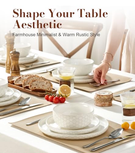 Image of Lareina 18 Piece Dinnerware Sets for 6, Farmhouse Style Stoneware Plates and Bowls Sets, Embossed Boho Ceramic Dish Set, Scratch Resistant & Dishwasher Safe, Vintage White