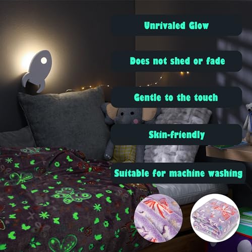 FORESTAR Glow in The Dark Blanket for Girls Boys, Christmas Birthday Gifts for Kids, Soft Warm Furry Throw Blanket, 50"×60", Butterfly, Purple - Thumbnail 3