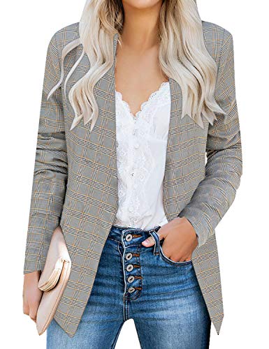 GRAPENT Women's Plaid Print Open Front Business Casual Pocket Long Sleeves Work Office Blazer Jacket Suit Cardigan Outerwear Small US 4-6