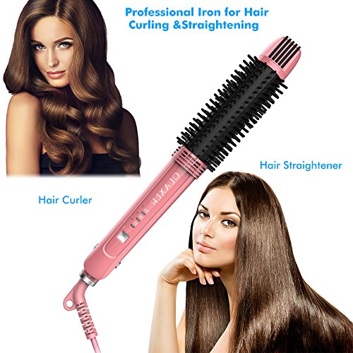 OLAXER- 3-in-1 Ceramic Hair Straightener, Hot Brush & Curling Iron – with Ionic Technology & 360° Swivel Cord, Pink-Black