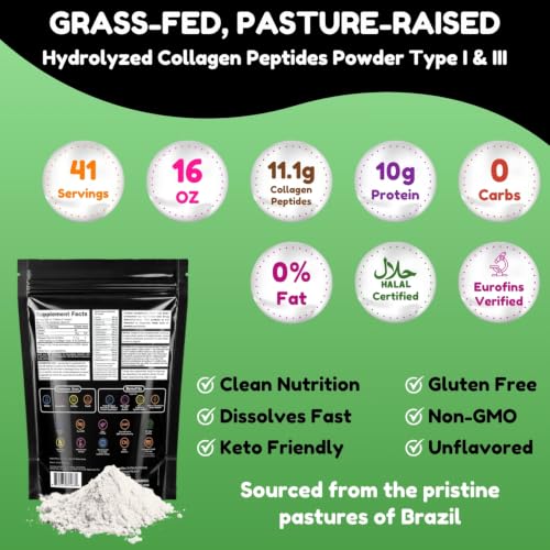 Image of Halal Collagen Peptides Powder Grass Fed, Pasture Raised 1LB (16oz) Pouch, 41 Servings. Keto-Friendly, Non-GMO, Gluten-Free Hydrolyzed Collagen for Women & Men. Hair, Skin, & Nails Support, Unflavored