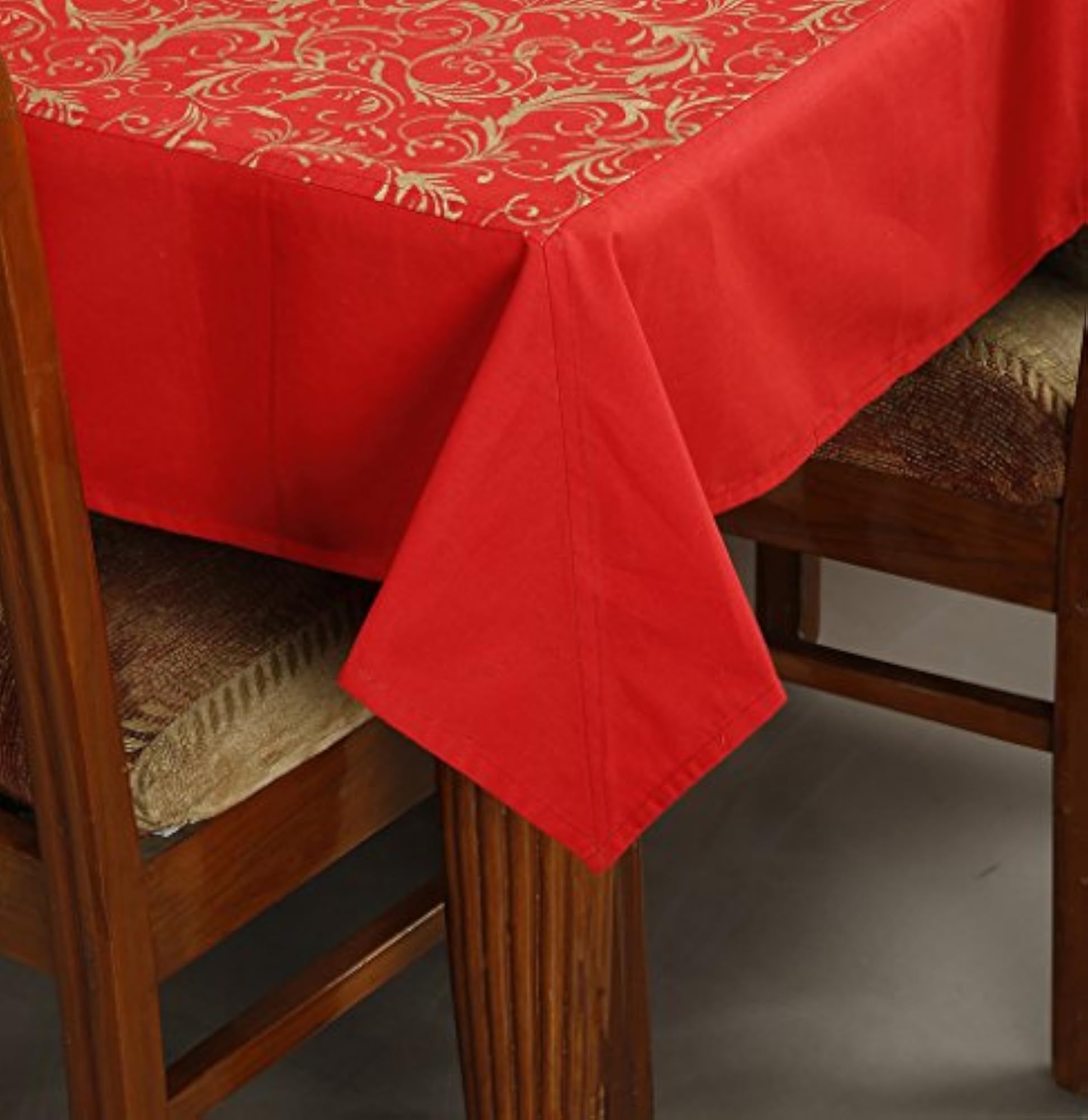 Gold Printed Red Table Cover, Elegant Dining Decor