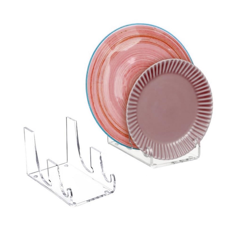 Surakey Soporte de exhibición de vajilla de 2 niveles para platos de cocina, platos de porcelana, soporte de exhibición de platos, soporte de exhibición de platos transparente (2 piezas)