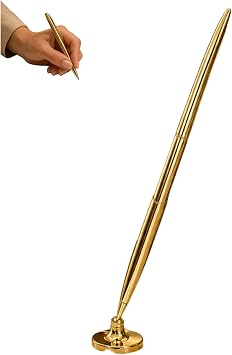 Desk Pen Set with Metal Stand, Silver Guest Signing Pen with Round Base Holder, Office Ballpoint Set for Home Hotel Counter Pens Bank Lobbies Office School Gold