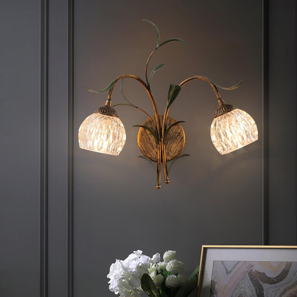 Kinkiet LED w stylu francuskim, vintage design, gałęzie i liście, przezroczysty kryształowy klosz / szkło matowe, dekoracyjna lampa z połowy wieku, imitacja kwiatów