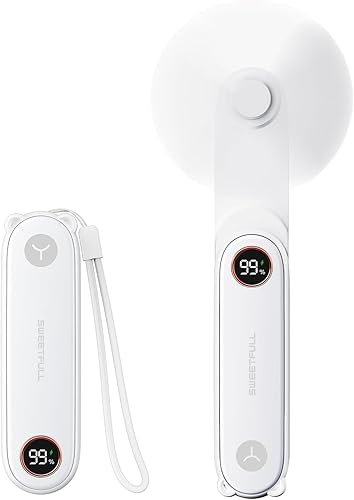 SWEETFULL Mini ventilador portátil de mano con pantalla LED, 3 en 1 plegable personal recargable por USB, ventilador de mano y linterna para viajes,