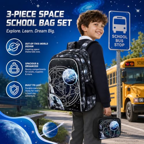 Image of AGSDON 3PCS Boys Backpack, 17 inch Kids Bookbag with Lunch Box for Boy, Planet Backpacks Water Resistant and Lightweight for Teen