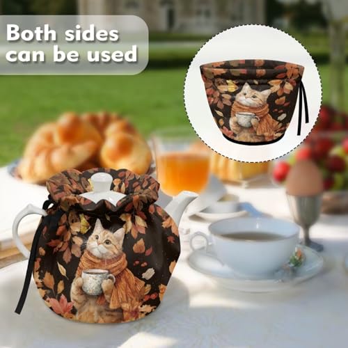 Image of Xoenoiee Cat Fall Leaf Tea Cozy Tea Cosy for Teapots Keep Warm Teapot Cover Insulated Kettle Cover for Home Kitchen Table Decor