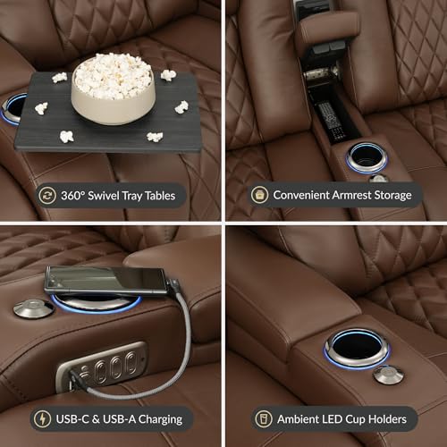 Image of Seatcraft Virtuoso LT Tobacco Italian Leather Home Theater Seating, Zero Gravity Power Recliner, Powered Headrest and Lumbar Gaming and Home Office Chair, Heat and Massage Lounge Sofa, Single Recliner