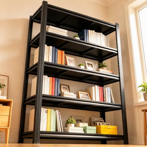Image of 5 Tier Bookshelf Black Metal Book Shelf, Industrial Shelving Unit Storage Rack for Living Room Bedroom Office Kitchen, Heavy Duty Steel Bookcase Shelves Organizer for Books Plants Decor, Free Standing