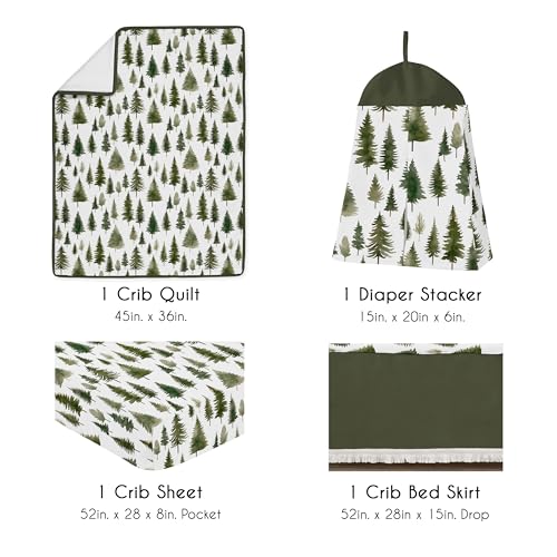 Image of Sweet Jojo Designs 4-Piece Baby Crib Bedding Set (Sage Green Woodland) for Boys /Girls, Infants /Nursery incl. Blanket, Fitted Sheet, Skirt, Diaper Stacker (Forest Themed, Nature, Pine Tree, Abstract)