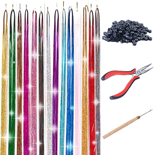 47 Inch Hair Tinsel 14 Color 3100 Strands Sparkling Tinsel Hair Extension Holographic with Tools, Silicone Link Rings Beads