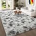 HQAYW 8x10 Fluffy Tie-Dyed Grey White Area Rugs for Living Room Bedroom, Large Ultra Soft Plush Shaggy Bedside Rug, Non-Slip and Machine Washable Carpet for Dorm Nursery Classroom Home Decor