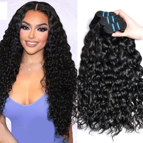 Brazilian Virgin Human Hair Water Wave Bundles, 100% Unprocessed Natural Black Curly Extensions, Double Wefts, Tangle Free, No Shedding, Can Be Dyed, Bleached, Straightened 14 16 18 inch
