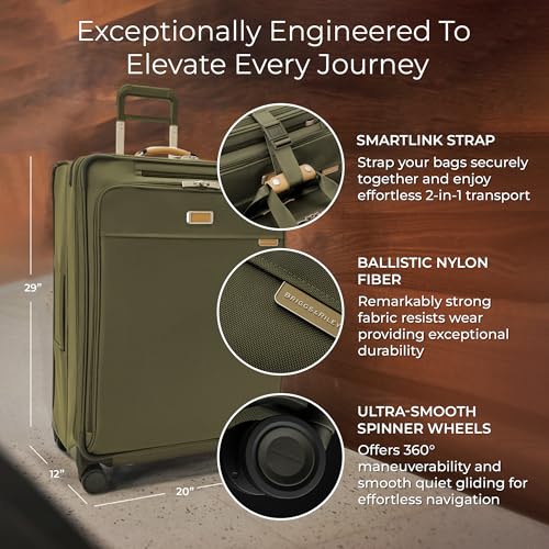 Image of Briggs & Riley 29 inch Large Expandable Spinner - Checked Luggage for Travel, Suitcases with Wheels, Softside Rolling Bag for Men & Women, Self-Repairing Zipper - Baseline Collection, Olive
