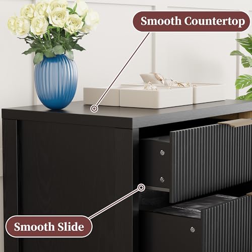 Image of Fluted Nightstands Set of 2, 23.7'' Wide Night Stand with 3 Drawers, Mid-Century Modern Bedside Table with Handles, Wood End Table for Bedroom, Black