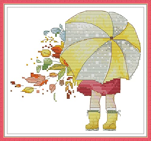 Image of Amiiba Stamped Cross Stitch Kits, Little Girl Umbrella Maple Leaves Wind DIY 11CT 11x10.2 inch (Girl)
